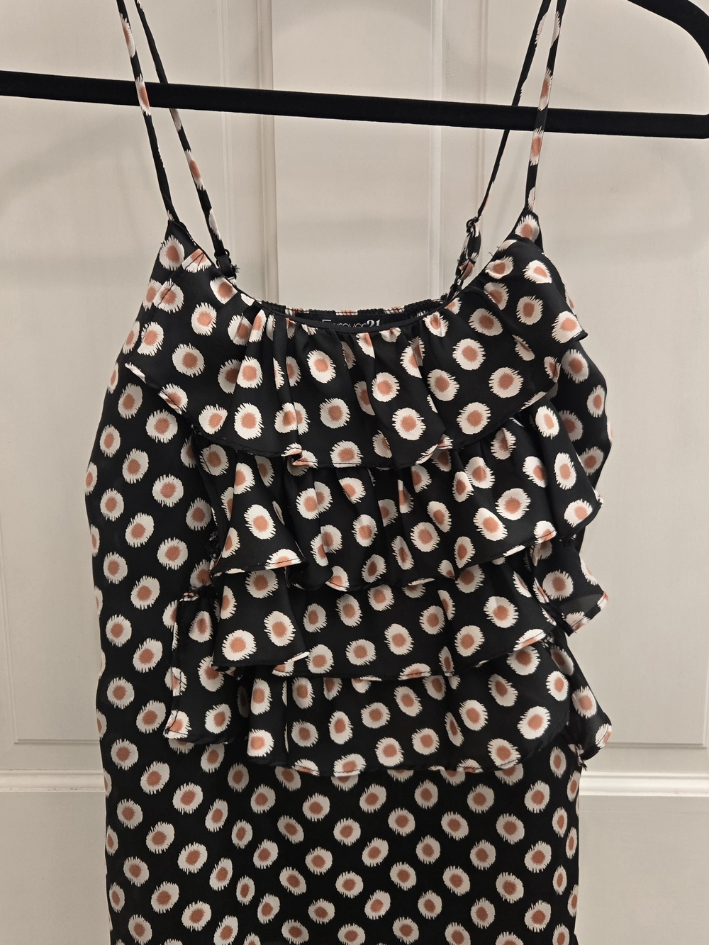 Forever 21 Black Ruffle Cami with Cream and Brown Polka Floral Print, Small
